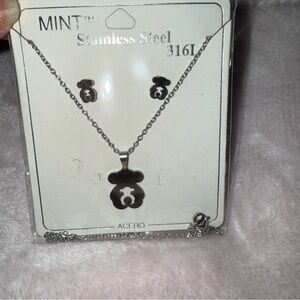 MINT double Bear earrings and necklace Jewelry Set Silver color stainless steel